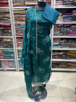 Bottle Green Crushed Shimmer  Party Wear Designer Suit fabric with dupatta