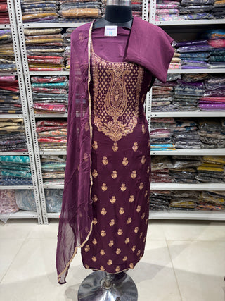 Wine color Modal Silk Party Wear suit with neck embroidery