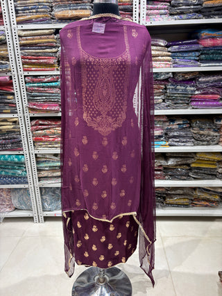 Wine color Modal Silk Party Wear suit with neck embroidery