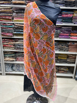 Kota Doria Dupatta with  Sanganeri print