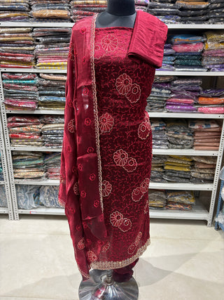 Maroon Crushed Shimmer Party Wear Designer Suit fabric with shimmer dupatta