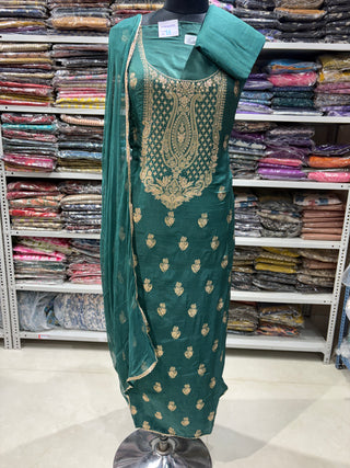 Green Modal Silk Party Wear suit with neck embroidery