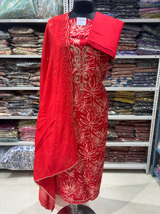 Red Modal Silk Party Wear suit with neck embroidery