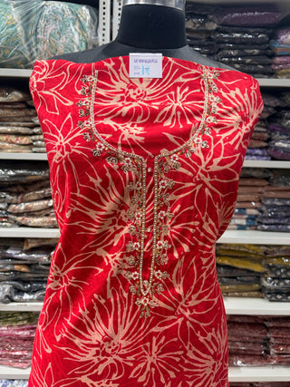 Red Modal Silk Party Wear suit with neck embroidery