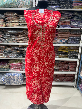 Red Modal Silk Party Wear suit with neck embroidery