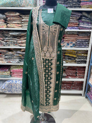 Green Color Crushed Shimmer Party Wear Designer Suit fabric with dupatta