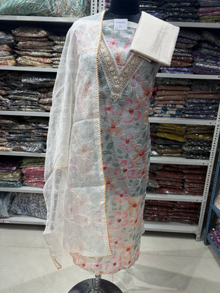 Party Wear Organza Suit fabric with Neck embroidery and dupatta