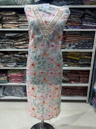 Party Wear Organza Suit fabric with Neck embroidery and dupatta
