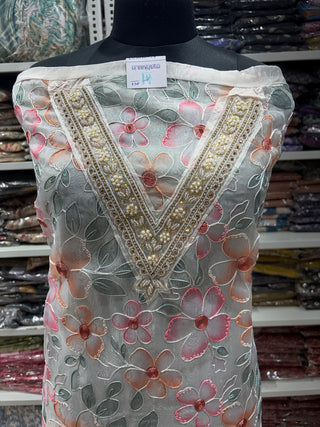 Party Wear Organza Suit fabric with Neck embroidery and dupatta