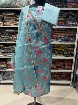 Sky blue Party Wear Organza Suit fabric with Neck embroidery and dupatta