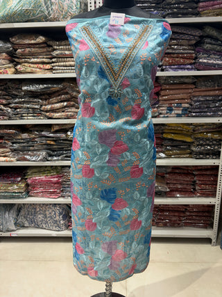 Sky blue Party Wear Organza Suit fabric with Neck embroidery and dupatta