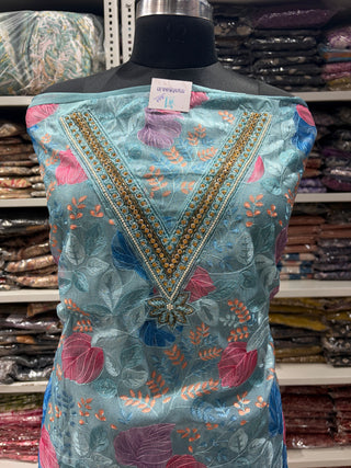 Sky blue Party Wear Organza Suit fabric with Neck embroidery and dupatta