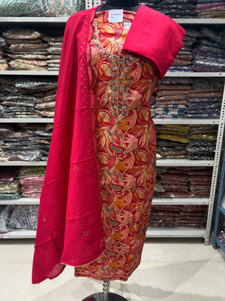 Rani color (Hot Pink) Modal Silk Party Wear suit with neck embroidery