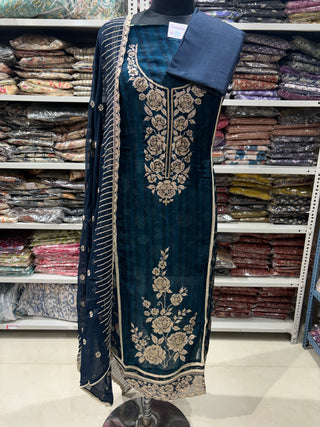 Blue Soft Organza Party Wear Designer Suit fabric with pure chiffon dupatta