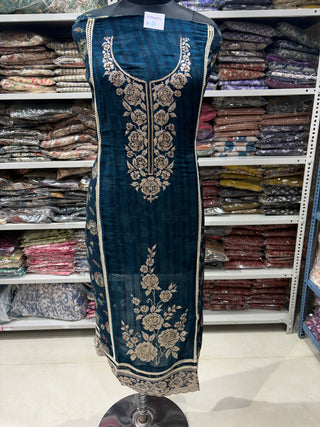 Blue Soft Organza Party Wear Designer Suit fabric with pure chiffon dupatta