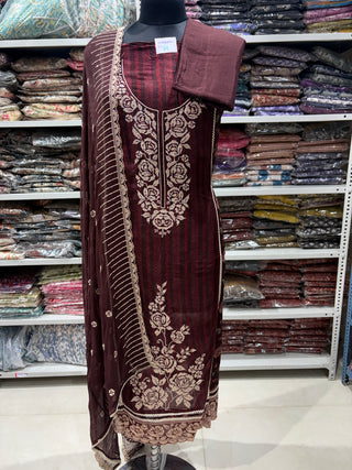 Maroon Soft Organza Party Wear Designer Suit fabric with pure chiffon dupatta