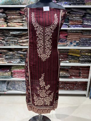 Maroon Soft Organza Party Wear Designer Suit fabric with pure chiffon dupatta