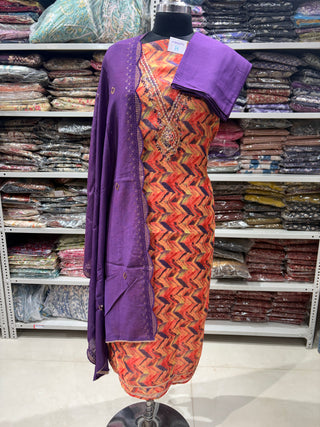 Shimmery tussar Party Wear Suit Fabric with V neck embroidery and muslin dupatta
