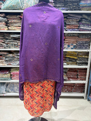 Shimmery tussar Party Wear Suit Fabric with V neck embroidery and muslin dupatta