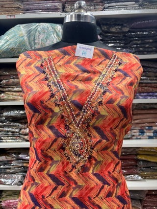 Shimmery tussar Party Wear Suit Fabric with V neck embroidery and muslin dupatta
