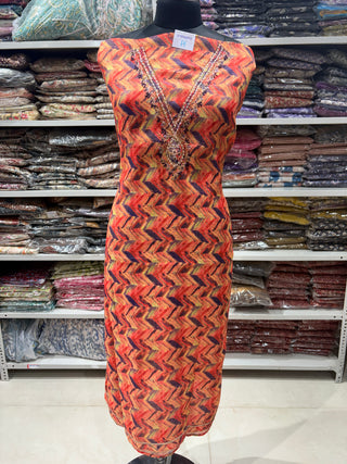 Shimmery tussar Party Wear Suit Fabric with V neck embroidery and muslin dupatta