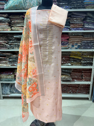 Peach Linen Embroidery, Digital Print Office Wear Suit