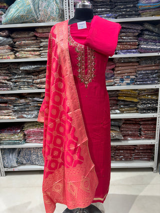 Rani color Party Wear Suit with Neck embroidery and silk dupatta