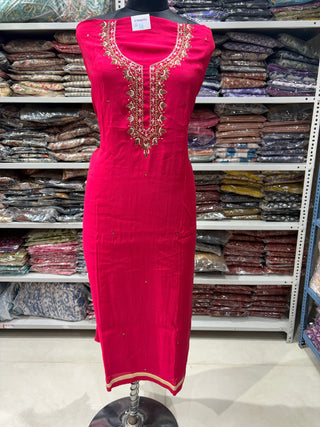 Rani color Party Wear Suit with Neck embroidery and silk dupatta