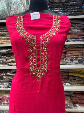 Rani color Party Wear Suit with Neck embroidery and silk dupatta