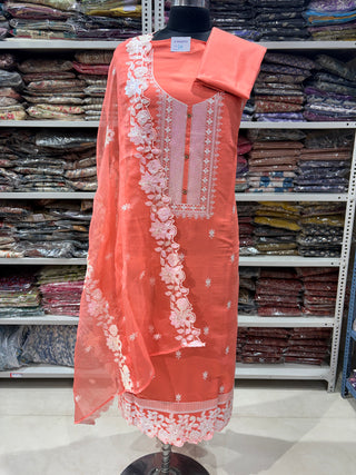 Peach Modal Cotton Party Wear Suit with embroidery and organic organza dupatta