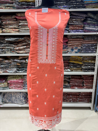 Peach Modal Cotton Party Wear Suit with embroidery and organic organza dupatta