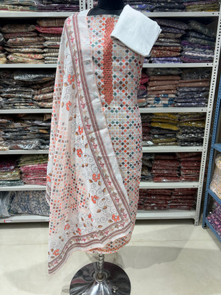 Off White Linen Digital Print Mirror Work Party Wear Suit