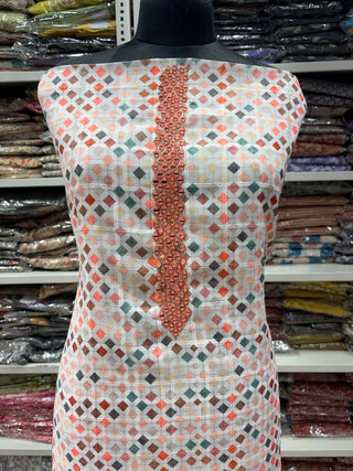 Off White Linen Digital Print Mirror Work Party Wear Suit