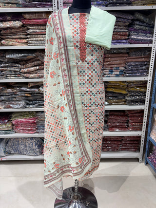 Green Linen Digital Print Mirror Work Party Wear Suit
