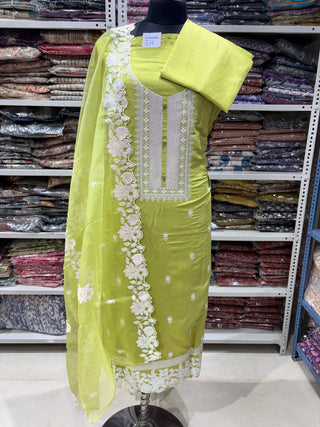Light Green Modal Cotton Party Wear Suit with embroidery and organic organza dupatta