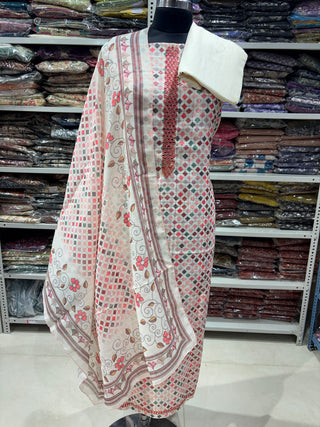 Cream Linen Digital Print Mirror Work Party Wear Suit