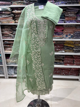 Green Party Wear Suit with embroidery and organic organza dupatta
