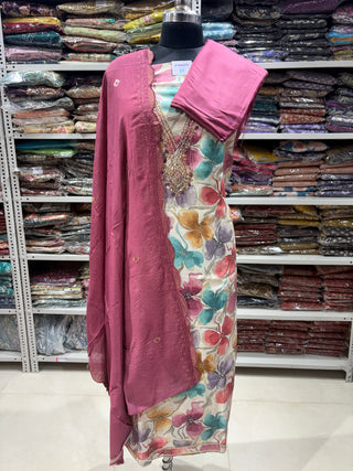 Mauve Muslin Office Wear Designer Suit fabric with muslin dupatta