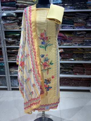 Yellow Office Wear Suit fabric with chiffon dupatta