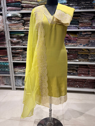 Green Party Wear Designer Suit fabric with lace work on bottom
