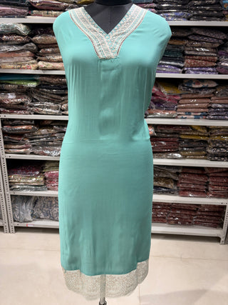 Sea Green Party Wear Designer Suit fabric with lace work on bottom