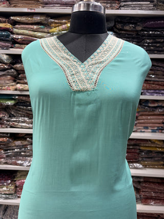Sea Green Party Wear Designer Suit fabric with lace work on bottom