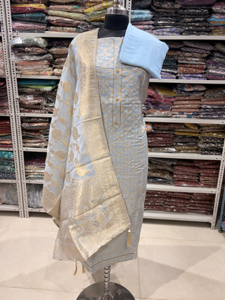 Gray Party Wear Banarasi silk Suit Fabric and silk dupatta