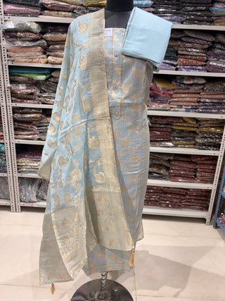 Gray color Party Wear Banarasi silk Suit Fabric and silk dupatta