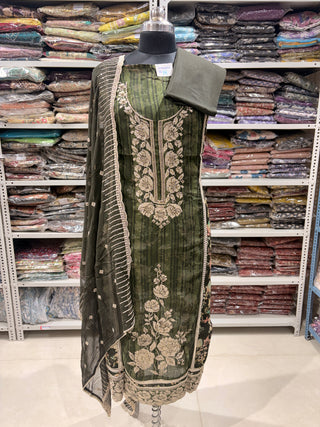 Green soft Organza Party Wear Designer Suit fabric with pure chiffon dupatta