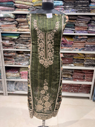 Green soft Organza Party Wear Designer Suit fabric with pure chiffon dupatta
