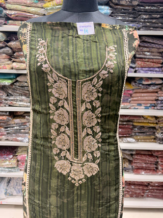 Green soft Organza Party Wear Designer Suit fabric with pure chiffon dupatta