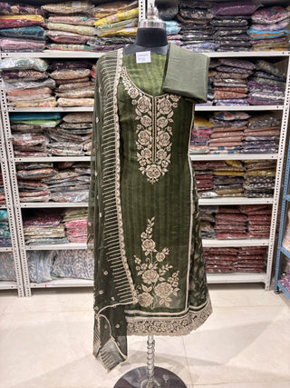 Green Soft Organza Party Wear Designer Suit fabric with pure chiffon dupatta