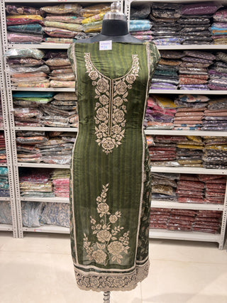 Green Soft Organza Party Wear Designer Suit fabric with pure chiffon dupatta