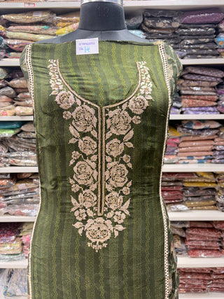 Green Soft Organza Party Wear Designer Suit fabric with pure chiffon dupatta